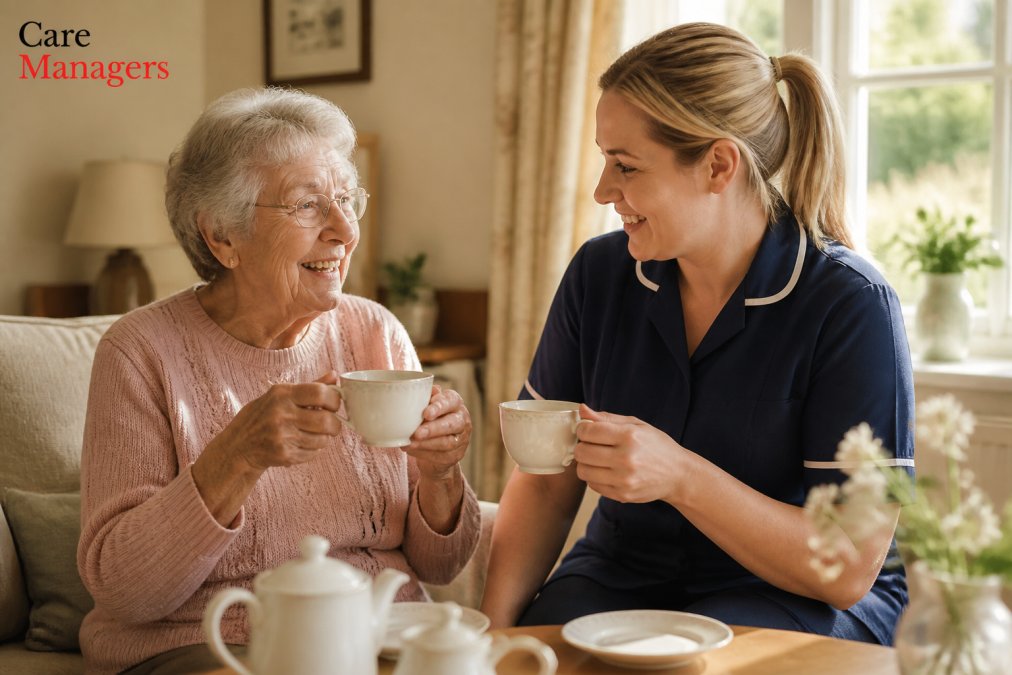 An older adult and a care professional sharing tea and conversation in a warm, well-lit home setting, both smiling, with afternoon sunlight streaming through windows