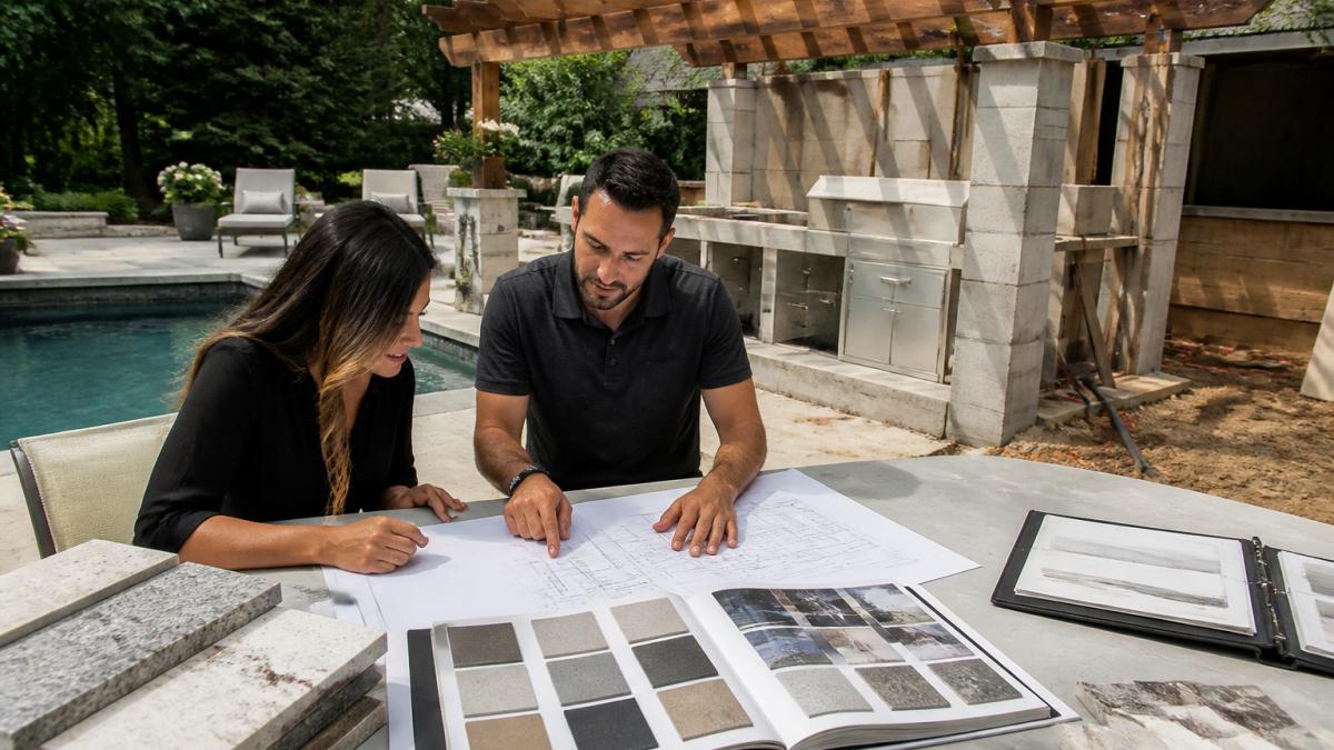 A homeowner and a luxury outdoor contractor reviewing blueprints and material samples on a patio table, with a partially built outdoor kitchen and pergola in the background