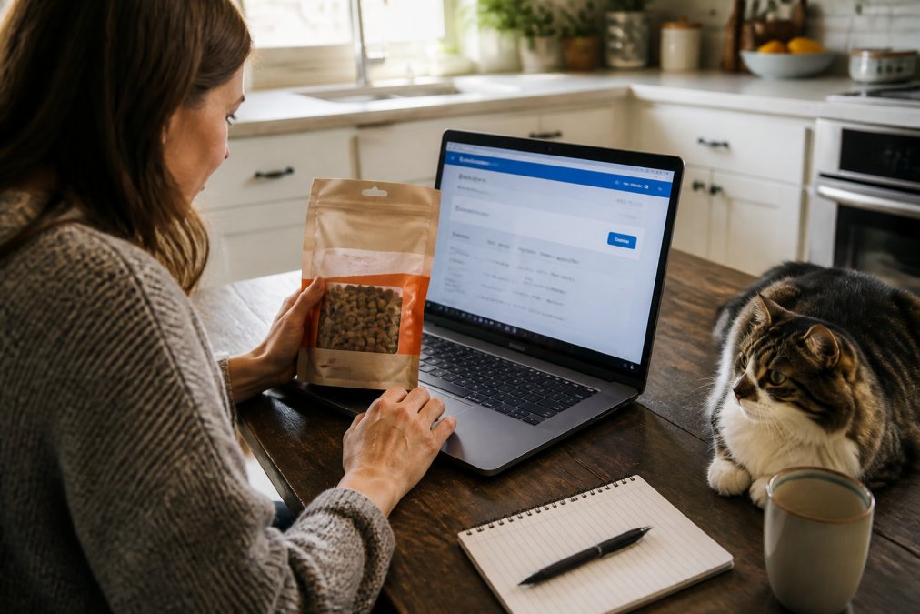 A pet owner sitting at a kitchen table with a laptop open to a government recall search page, one hand holding a bag of dog treats, a cat resting nearby