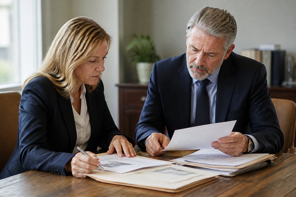 Professional private investigator and attorney reviewing case files and evidence documents at a desk during consultation meeting, with natural office lighting