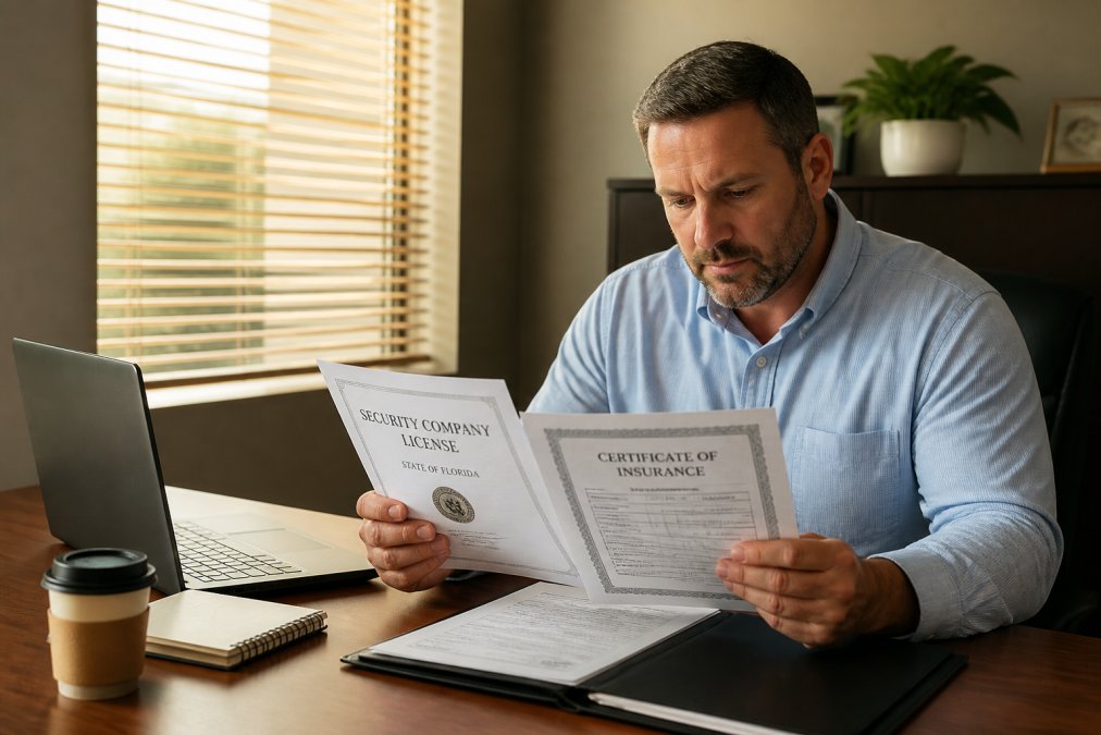 A property manager in a button-down shirt reviewing a printed security company license and insurance certificate at a modern office desk, laptop open to a state licensing website, warm afternoon light through blinds