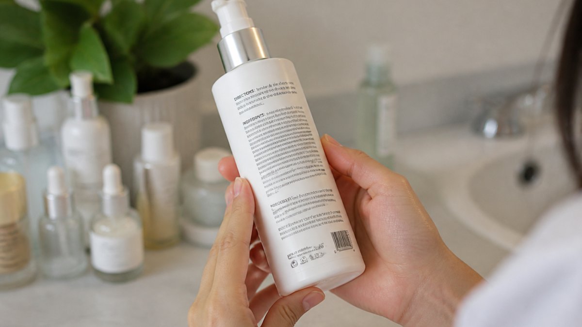 Close-up of hands examining a skincare bottle label to learn how to vet skincare product ingredients effectively.