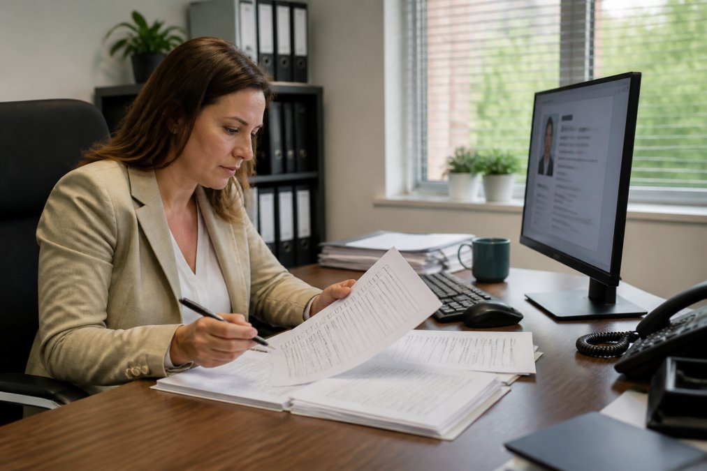 HR professional at a desk reviewing candidate documentation and compliance checklist with pen in hand, computer screen showing candidate profile information, natural office lighting
