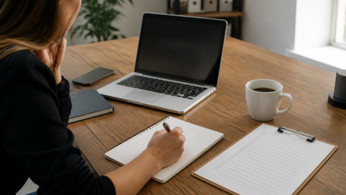 Marketing professional reviewing creator profiles on a laptop while taking notes, with a cup of coffee and vetting checklist visible on desk