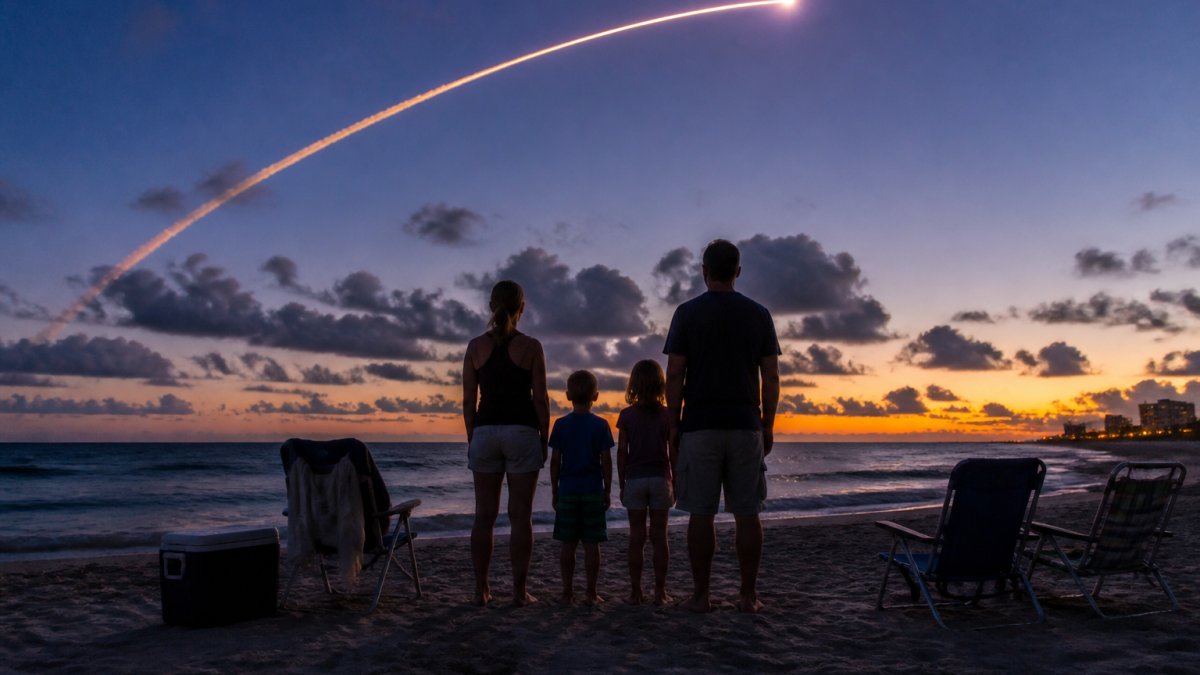 A family watches rocket launches at Cocoa Beach with a bright trail arcing across the dusk sky.