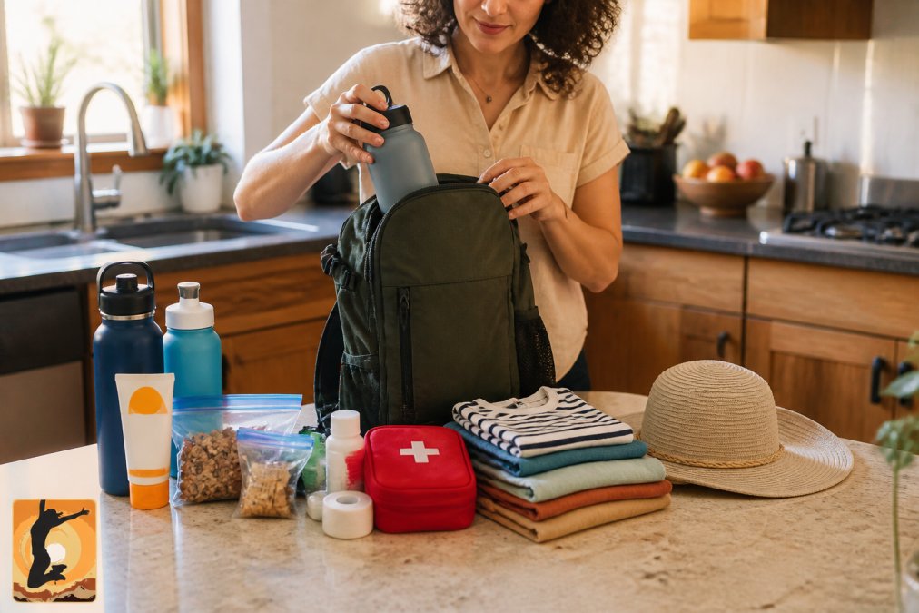 Parent packing a backpack with water bottles, snacks, sunscreen, and first aid supplies on a kitchen table, with folded toddler-sized clothing and a wide-brimmed hat visible