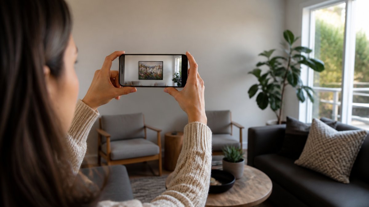 Person using a smartphone app to visualize art on a living room wall in natural light