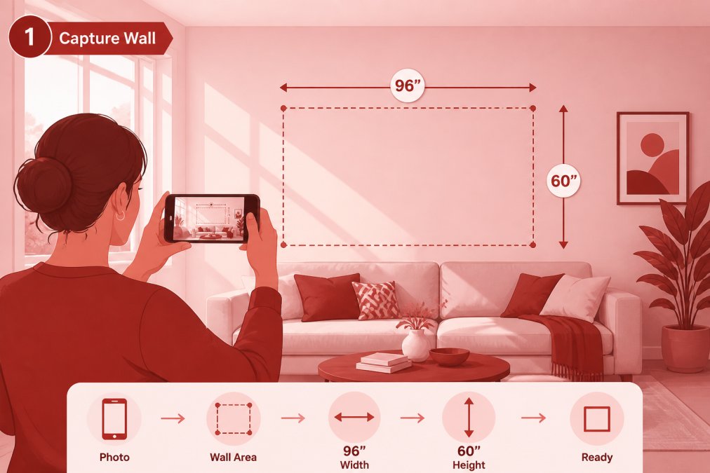Homeowner holding a smartphone, photographing their living room wall with natural daylight streaming through a window, showing the wall space they're measuring