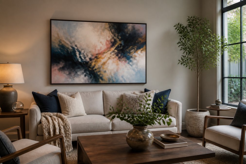 A living room with abstract artwork hung on the wall above a sofa, showing proper placement height, spacing, and how the piece interacts with ambient room lighting and wall color