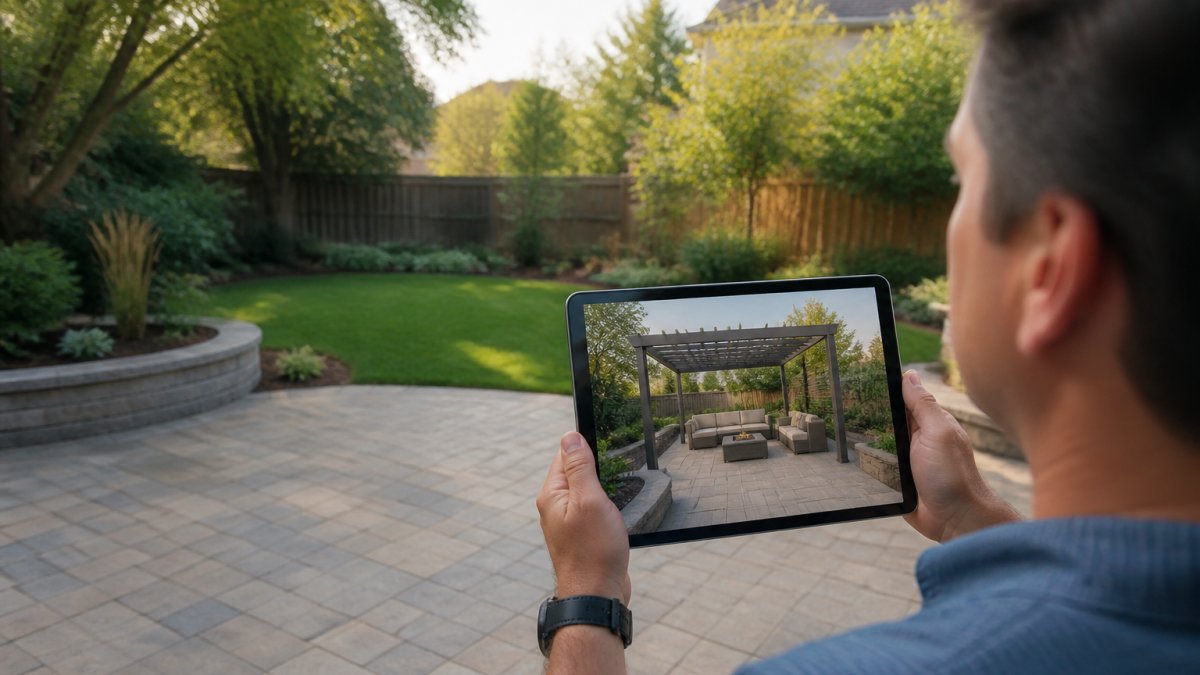 Homeowner holding a tablet displaying a 3D backyard design rendering with a new pergola and patio furniture