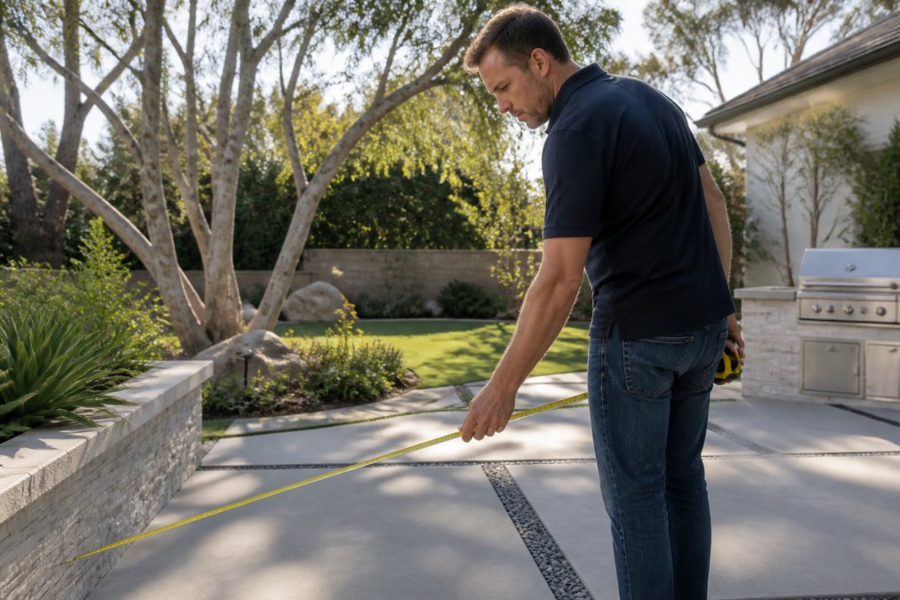 Homeowner measuring backyard dimensions with tape measure, standing on patio with mature trees and landscape features visible in background, natural afternoon lighting