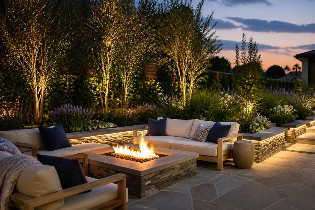 Sophisticated outdoor living space showing a modern fire table on stone patio, surrounded by mature plantings and architectural finishes, with comfortable seating area and ambient lighting at dusk
