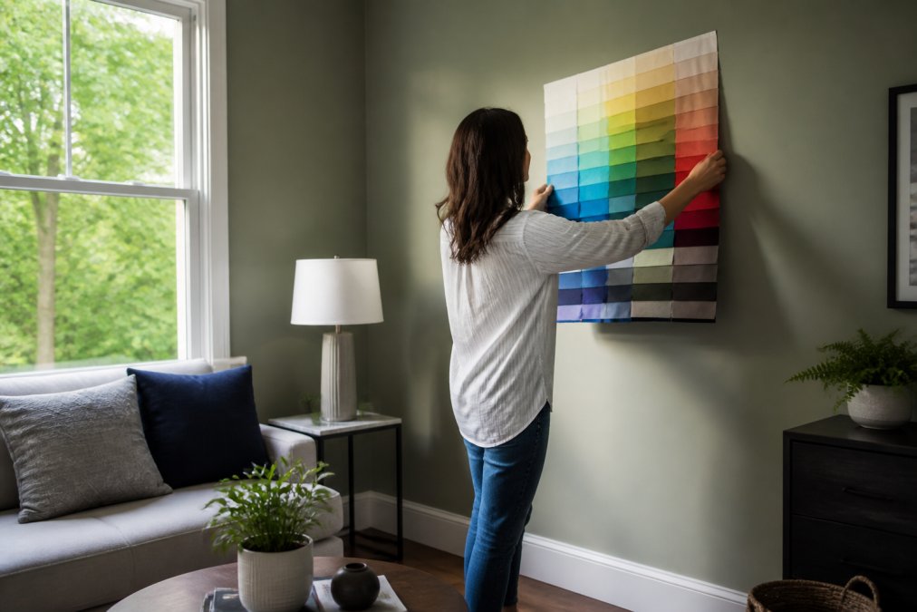 A person holding a large multicolored fabric swatch against a living room wall near a bright window, observing how the natural light changes the color appearance