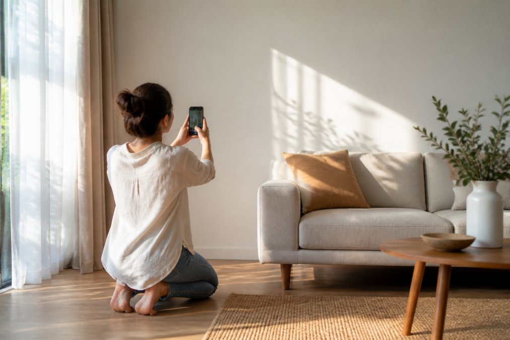 A woman kneeling on a light oak floor photographing her living room wall with a phone, afternoon sun streaming through sheer curtains onto a neutral sofa