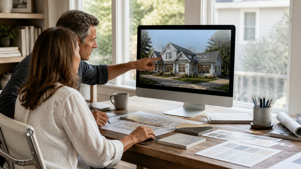 Architect and homeowner reviewing 3D rendering of custom home designs on a computer screen in a bright office
