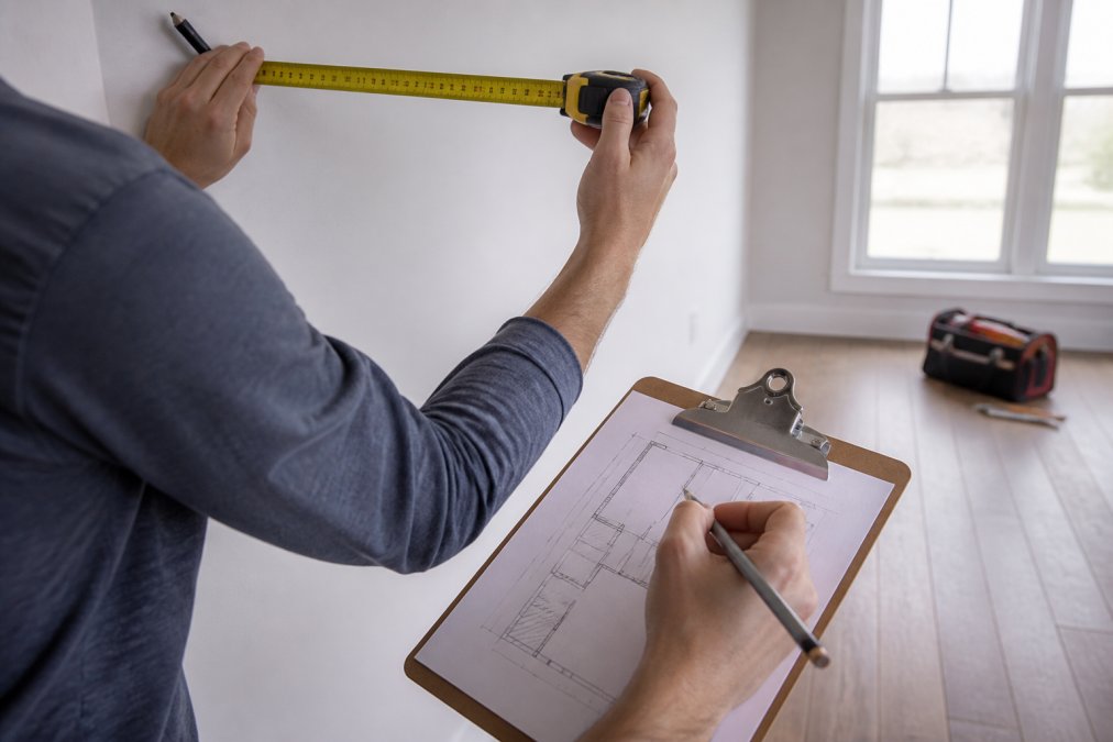 Close-up of hands holding a steel tape measure against a white wall while a person sketches measurements on a floor plan clipboard in a bright, naturally lit room