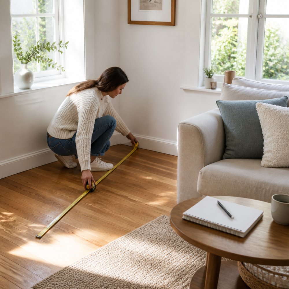 Homeowner measuring a bright living room corner with tape measure, natural sunlight streaming through windows, with a notebook and pen on a side table