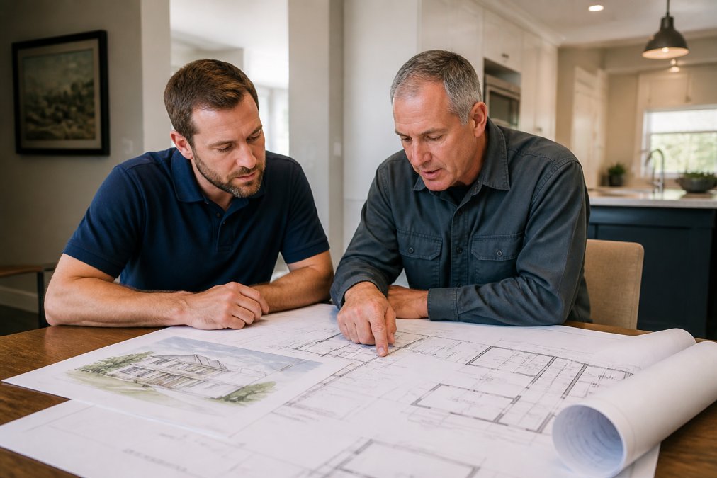 Homeowner and contractor reviewing detailed architectural floor plans and sketches on a large table, with the contractor pointing to specific areas of the addition design and discussing layout options