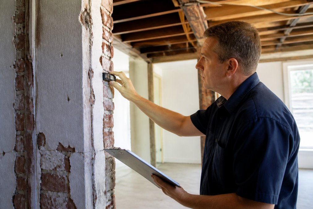 Professional structural inspector examining a load-bearing wall with measurement tools and documentation clipboard, carefully assessing the wall's capacity and existing foundation conditions