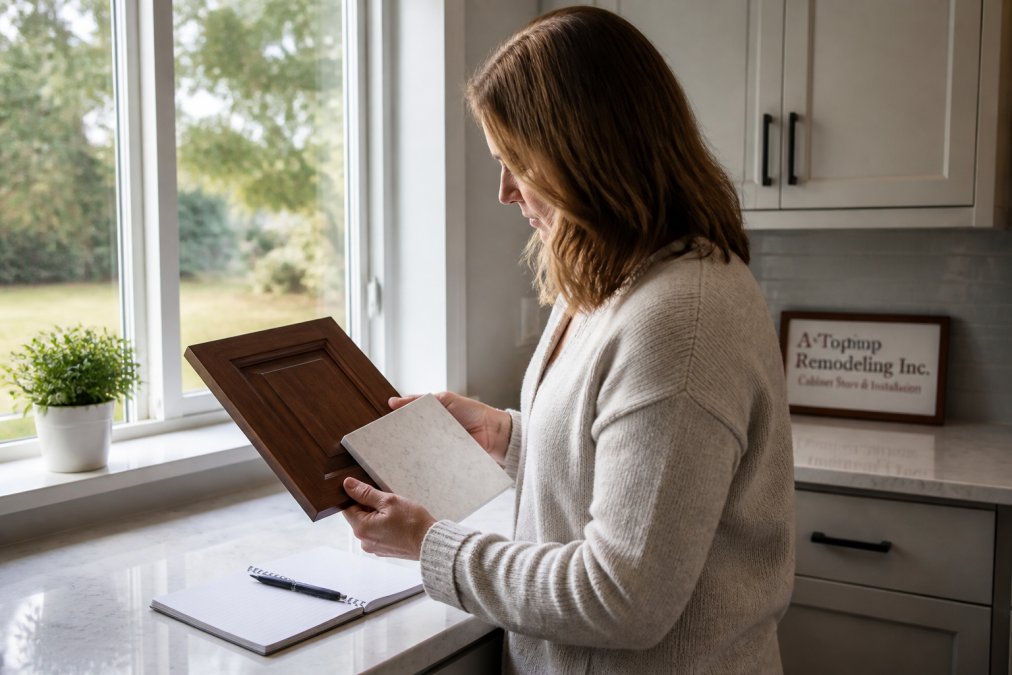 A homeowner holding a wood cabinet sample and a quartz countertop sample near a kitchen window, comparing them under natural daylight with a notepad on the counter nearby