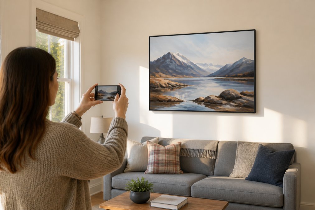 A person holding a smartphone up toward a bright living room wall, using an AR app to preview a large framed landscape painting hovering in position above a grey linen sofa, warm afternoon light coming through a side window