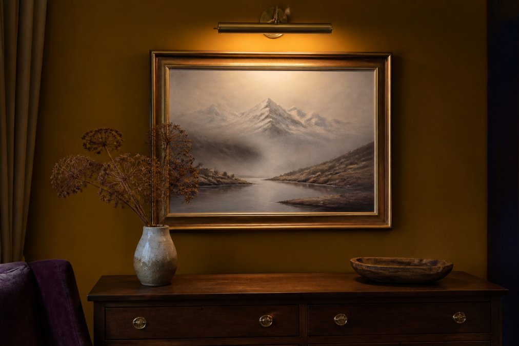 A framed original landscape painting of a misty loch and snow-capped mountains hanging on a warm ochre wall above a dark wooden sideboard, lit by a small brass picture light mounted above the frame, with a ceramic vase and dried botanicals arranged below