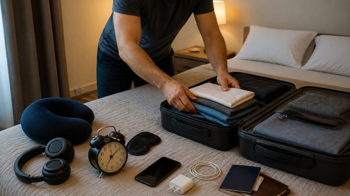 Traveler organizing luggage and alarm clock on a bed to prepare for how to wake up for early flights