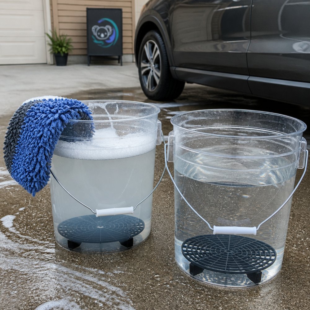 Two buckets with grit guards and a microfiber mitt for how to wash a car without scratching paint.