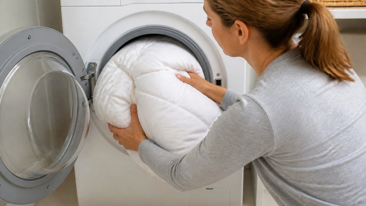 Diagram showing how to wash a king size comforter at home by loading it into a front-loading washing machine.
