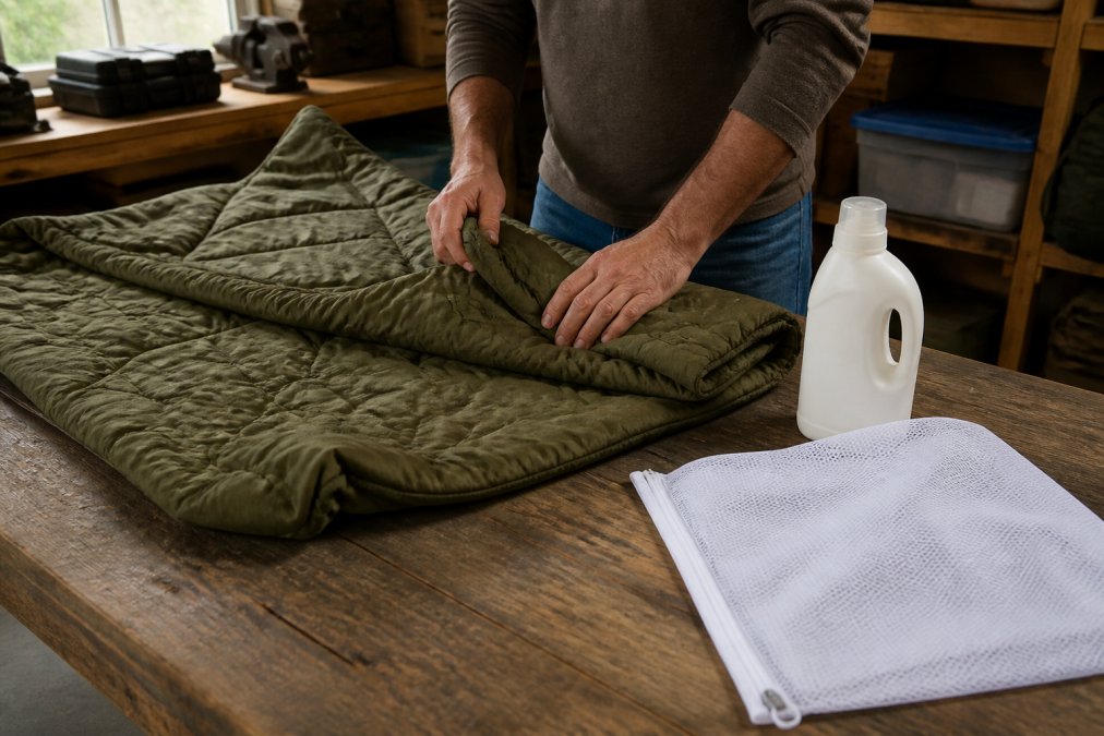 A rugged olive drab poncho liner blanket spread flat on a clean wooden workbench beside a bottle of mild liquid detergent and a mesh laundry bag, with weathered hands folding the quilted nylon shell, workshop lighting from a nearby window