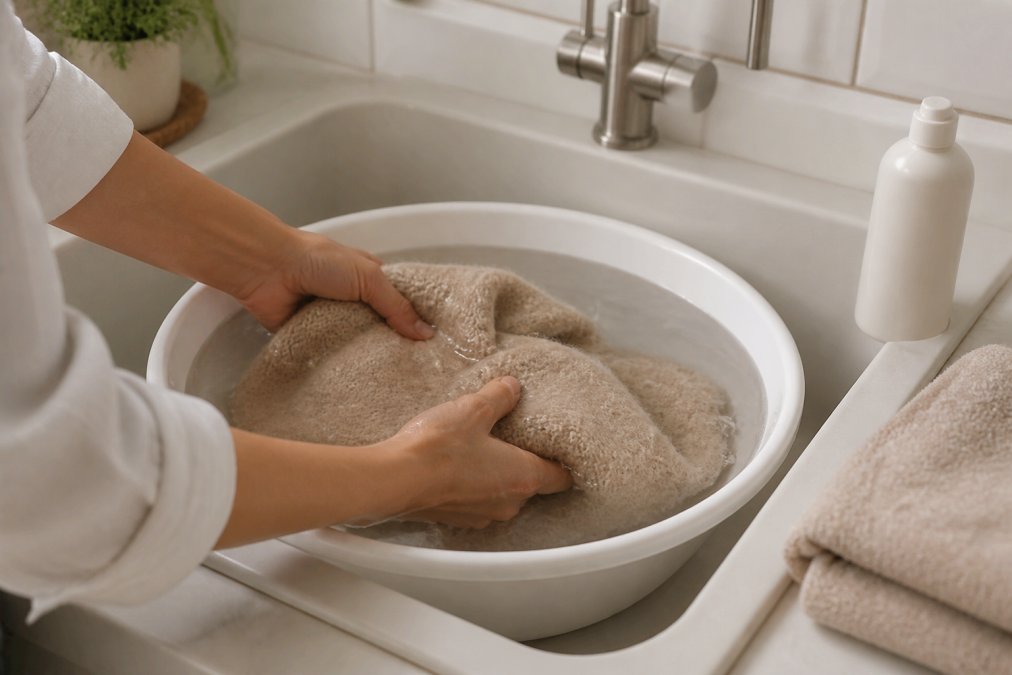 Close-up of a pair of hands gently submerging a soft, cream-colored alpaca sweater into a white ceramic basin filled with clear lukewarm water, a small amber bottle of gentle detergent resting on the edge of a clean white sink, soft natural window light