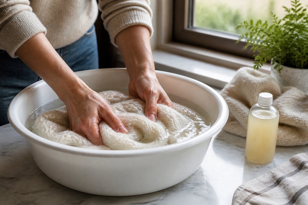 Close-up of hands gently pressing a soft cream-colored alpaca wool sweater into a white basin of lukewarm water, a small bottle of gentle detergent on a marble countertop beside it, soft natural window light