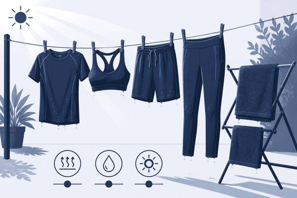 Gym clothes hanging on a clothesline or drying rack in bright natural daylight, showing moisture glistening on the fabric surfaces as they air-dry