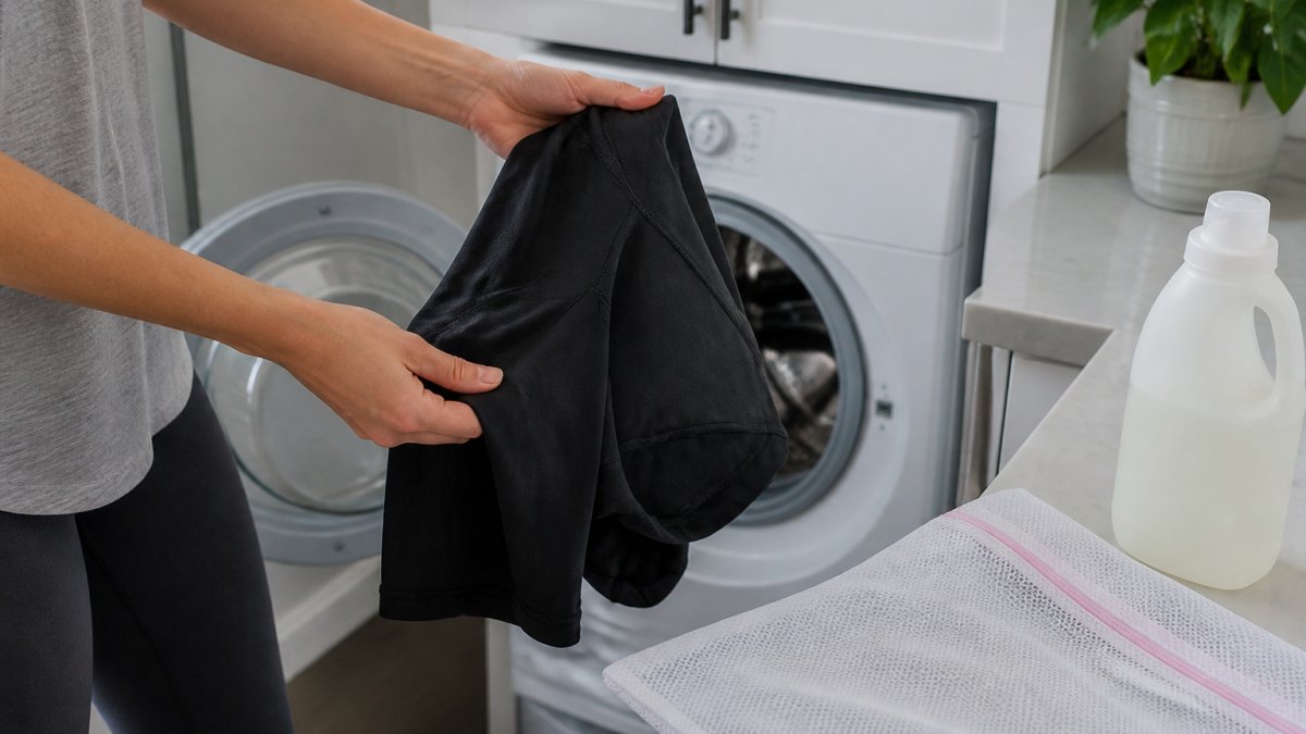 Close-up of hands turning a pair of black athletic leggings inside out next to an open washing machine in a bright home laundry room, with a mesh laundry bag and bottle of mild liquid detergent on the counter