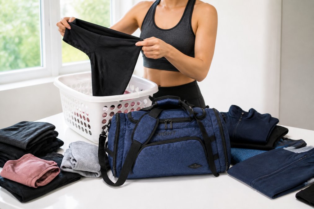 Person turning athletic leggings inside out over a laundry basket, with other gym clothes sorted into piles nearby on a clean white surface, bright natural window light