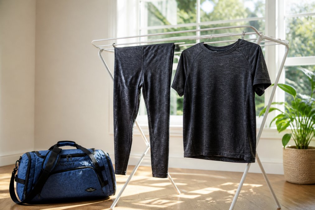 Athletic leggings and a moisture-wicking shirt hanging on a drying rack indoors near a bright window, air-drying naturally in soft afternoon light