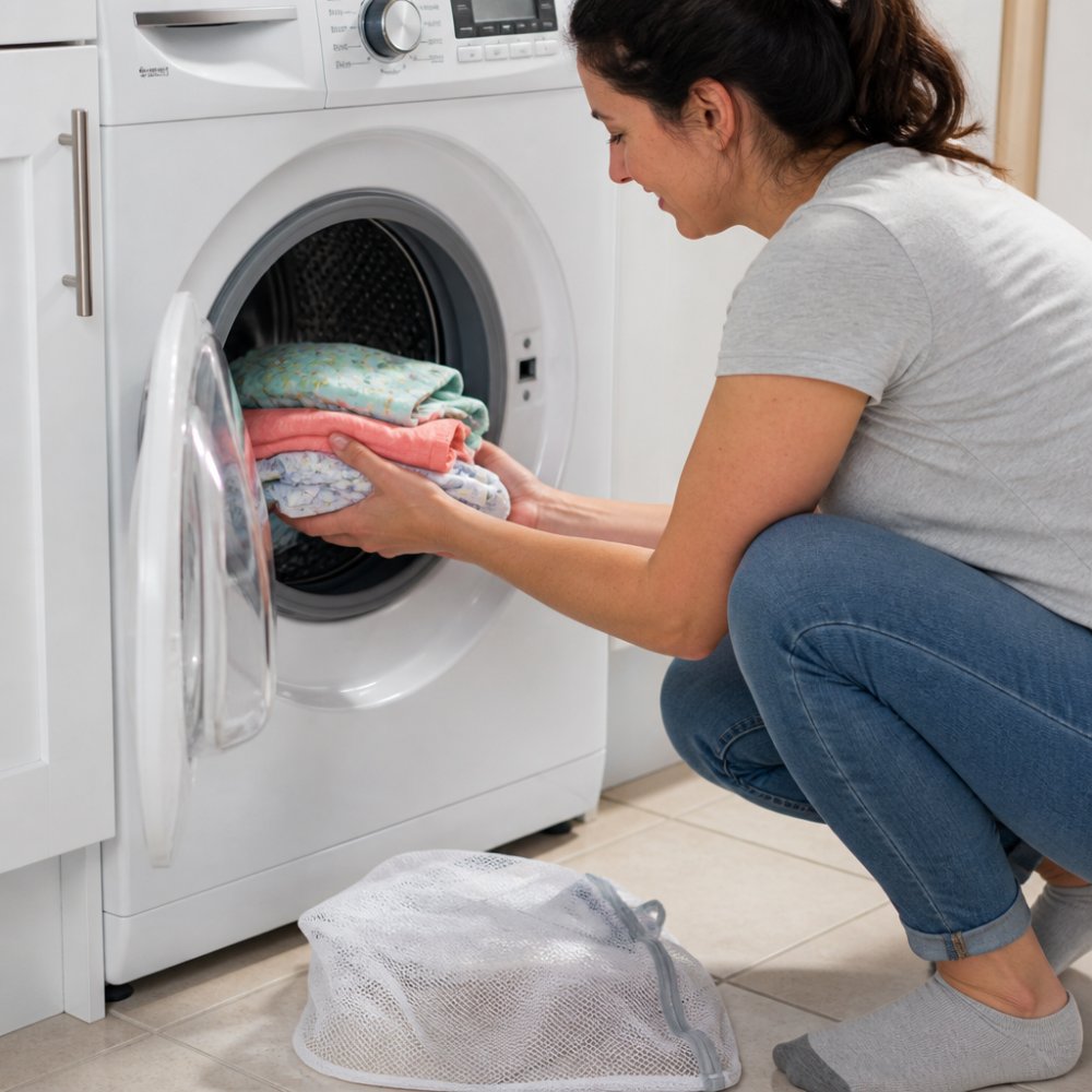 A parent's hands placing a small stack of soft, colorful bamboo baby pajamas into a front-loading washing machine, with a mesh laundry bag nearby on the tiled laundry room floor