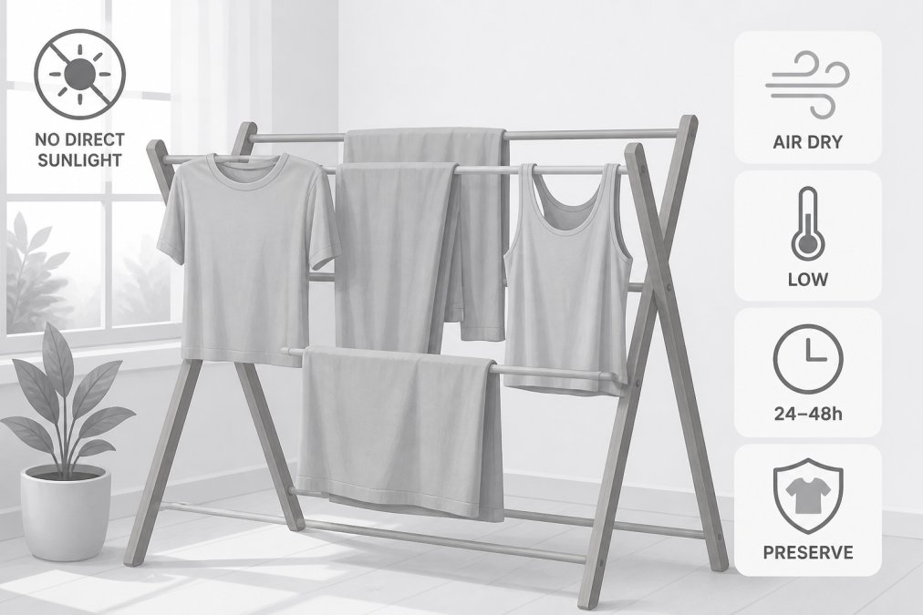 Bamboo garments draped over a wooden drying rack indoors near a window with soft natural light, showing proper air-dry method without direct sunlight