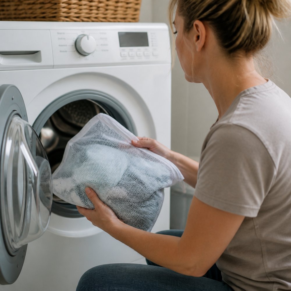 Parent's hands gently placing soft bamboo clothing into a mesh laundry bag before loading into a washing machine with cold water settings visible