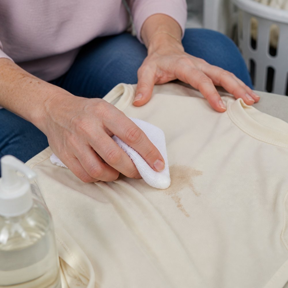 Close-up of hands carefully treating a visible stain on soft bamboo fabric with a gentle stain remover solution applied to a soft white cloth