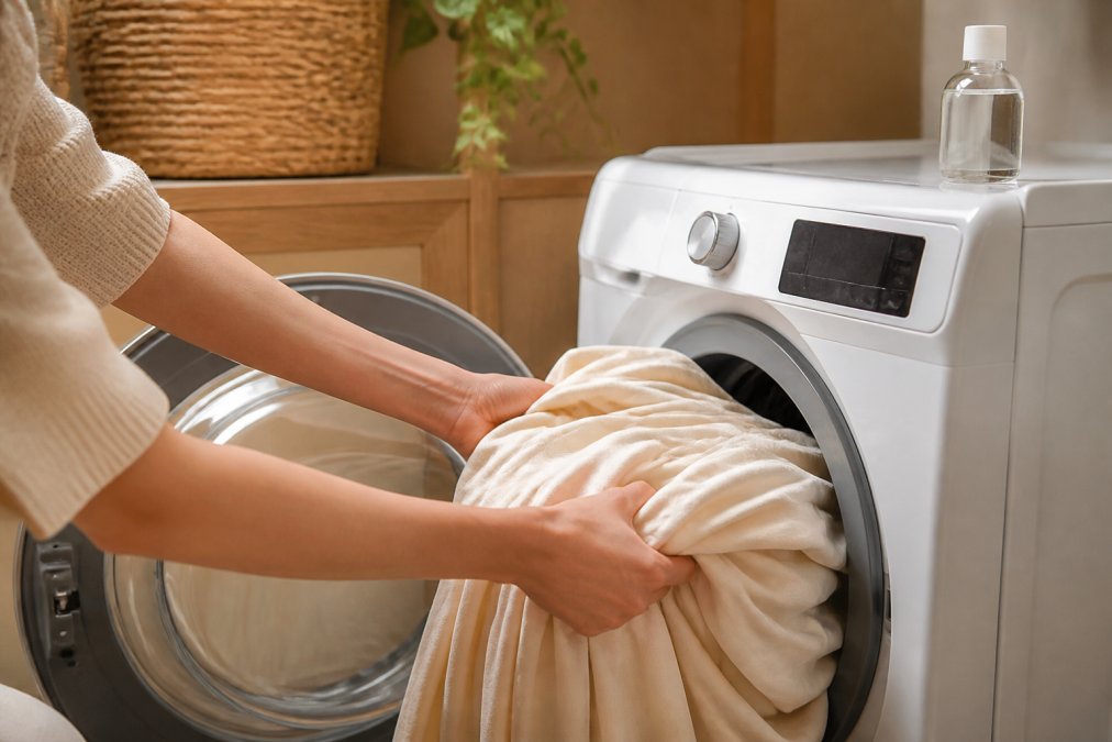 Close-up of soft ivory bamboo viscose sheets being gently loaded into a front-loading washing machine, with a small bottle of clear liquid detergent resting on top of the machine, warm indoor lighting