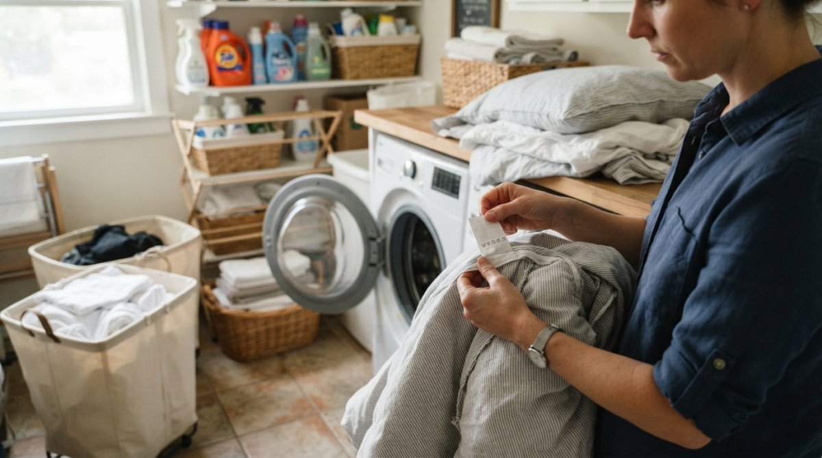 Close-up of hands holding a white bedsheet while reading the care label with washing symbols clearly visible under natural light