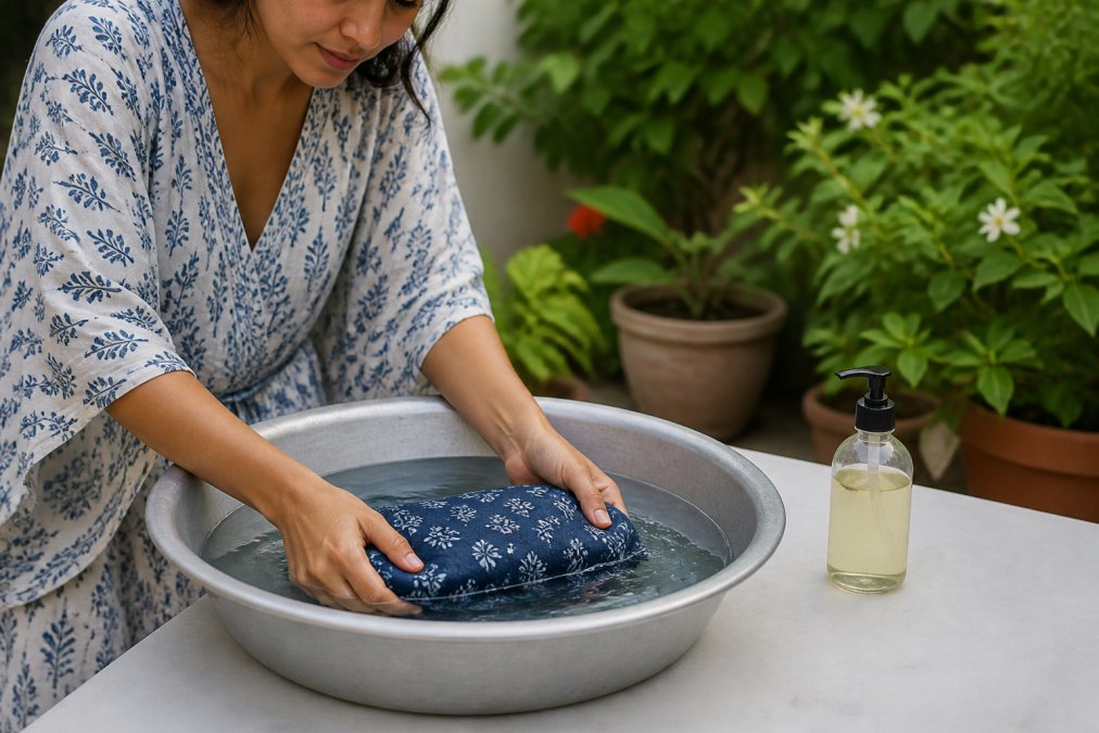 Hands gently submerging a folded indigo block print cotton fabric into a basin of clear lukewarm water, with a small bottle of mild soap resting nearby on a clean white surface