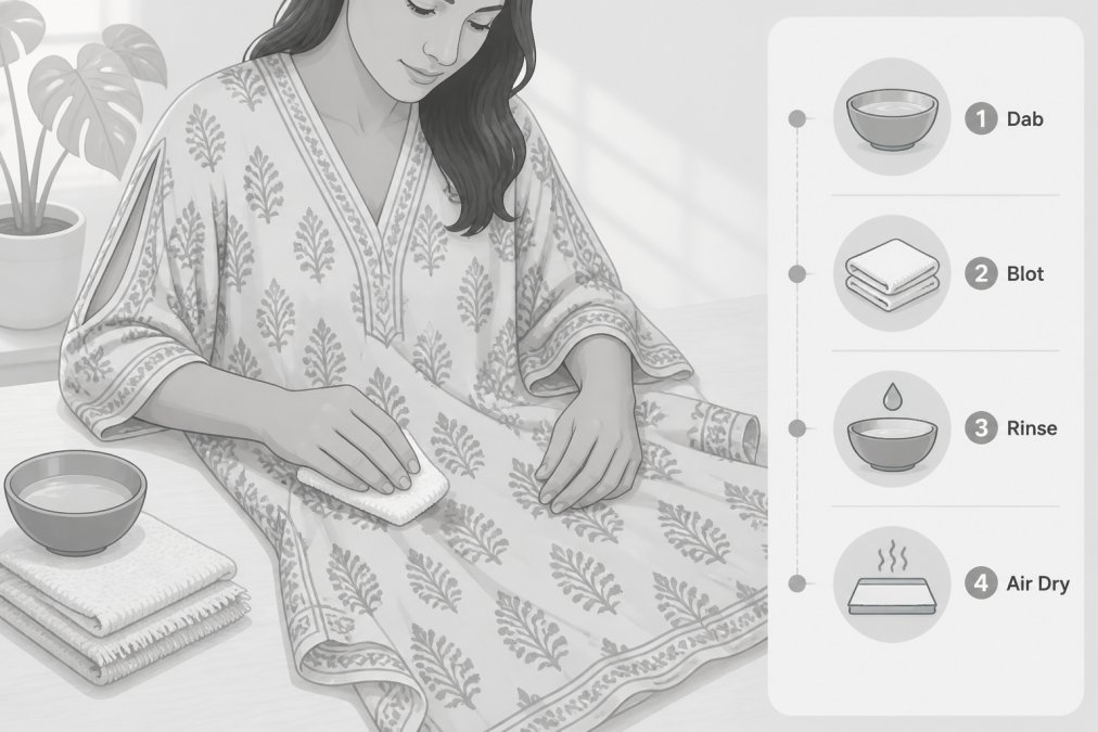Close-up of a woman carefully dabbing a small stain on a colorful hand block-printed cotton kaftan with a soft white cloth, on a bright natural-light table