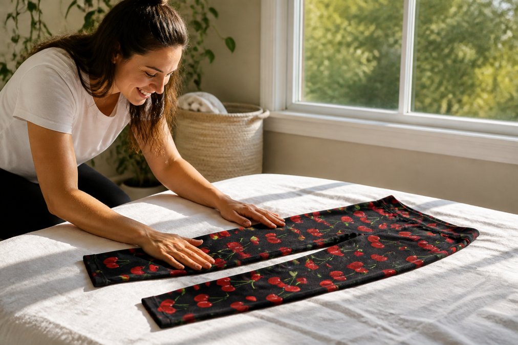 Person laying flat a pair of buttery soft leggings on a clean white linen surface to air dry naturally in soft afternoon sunlight near a window