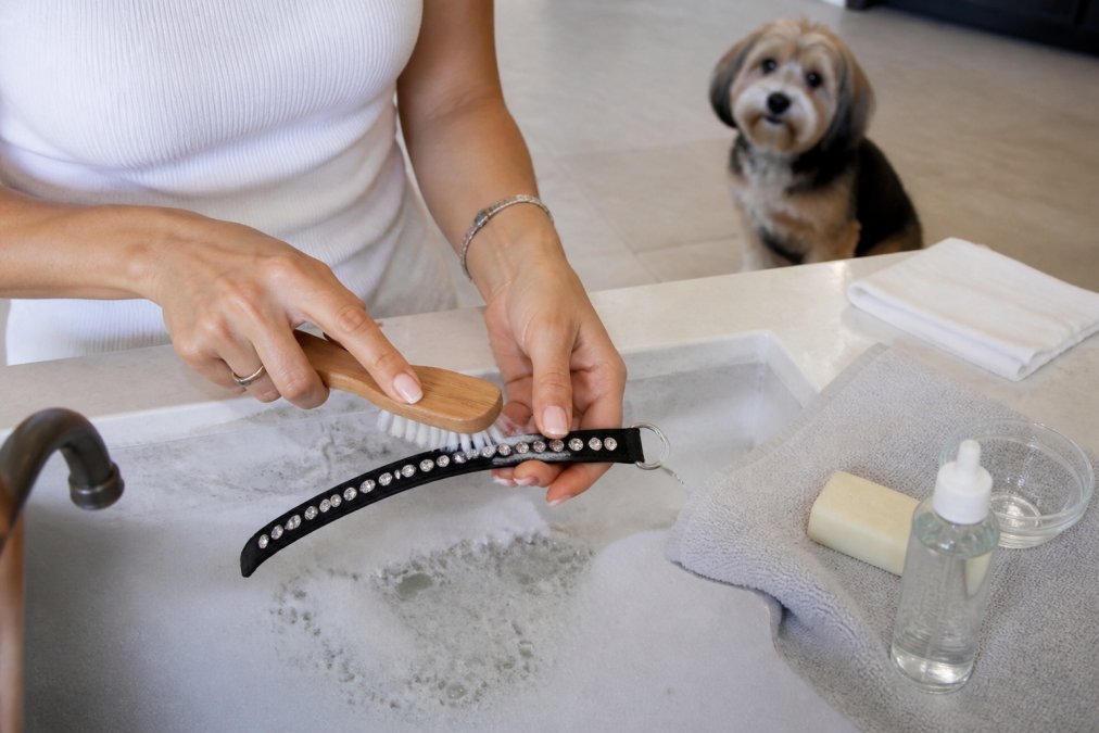 Close-up of a woman's hands gently scrubbing a crystal-studded dog collar with a soft-bristled brush over a sink of warm soapy water, a small dog waiting nearby on a tile floor