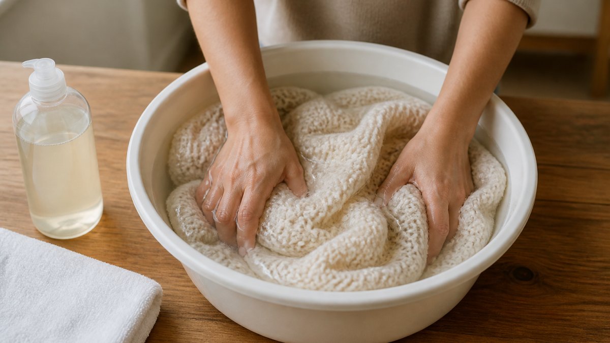 Hands gently pressing a cream-colored knit blanket into a basin of cool water on a wooden counter, with a bottle of mild detergent and a folded towel nearby
