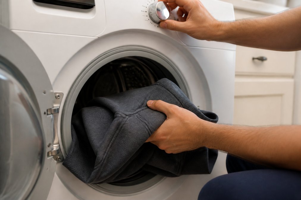 Hands placing a printed hoodie inside-out into a washing machine with the gentle cycle dial visible and cold water running