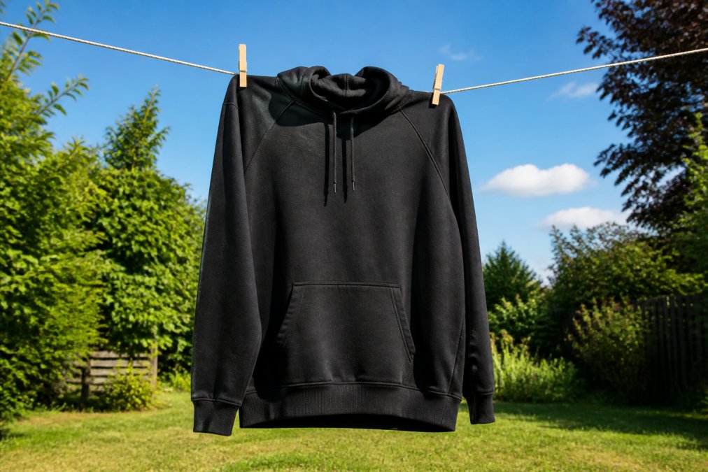 A custom printed hoodie hanging on a clothesline outdoors in natural sunlight with gentle air circulation and blue sky visible