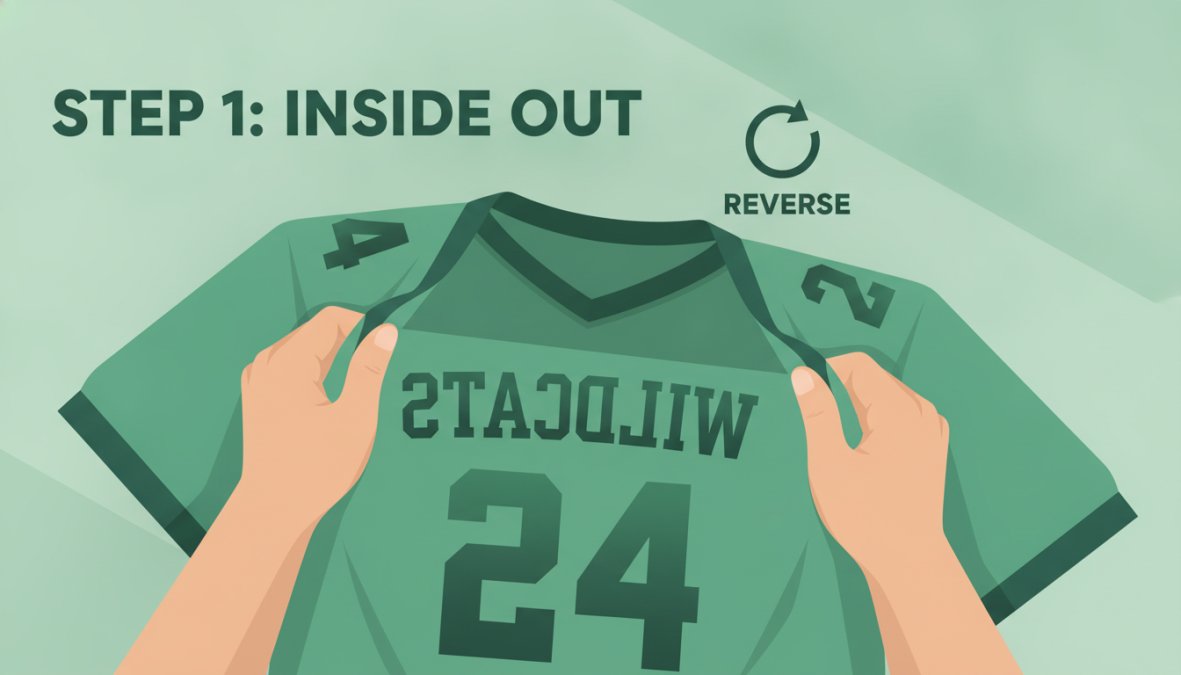 Close-up of hands turning a custom printed sports jersey inside out before washing, showing the print detail and fabric texture on the reverse side